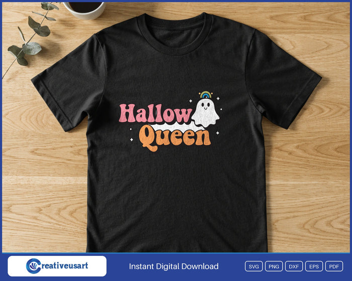 Hallow Queen ghost Halloween SVG printed on a black t-shirt