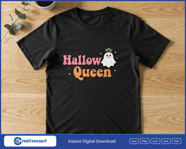 Hallow Queen ghost Halloween SVG printed on a black t-shirt