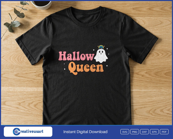 A little ghost with a halo beside the retro words Hallow Queen, on a black t-shirt