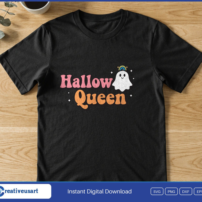 A little ghost with a halo beside the retro words Hallow Queen, on a black t-shirt