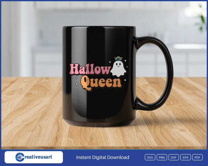 Hallow Queen ghost Halloween SVG design on a black coffee mug