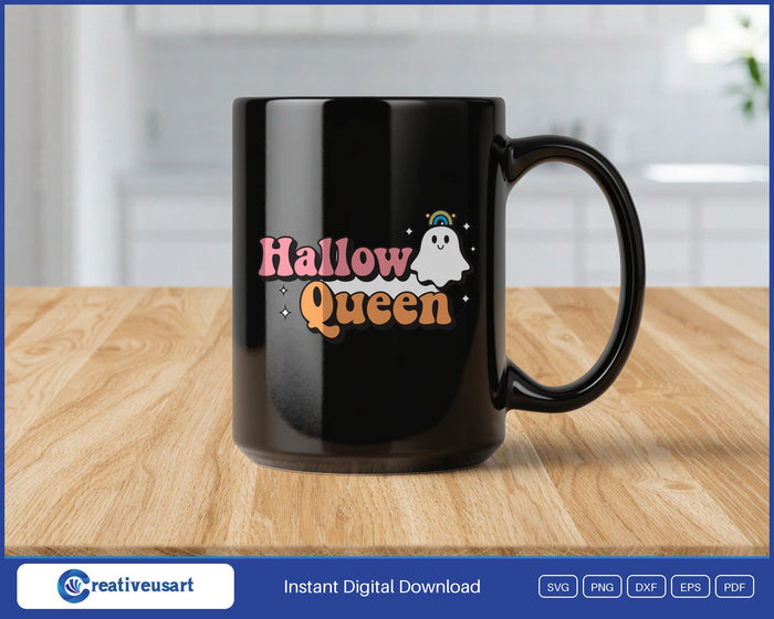 Hallow Queen ghost Halloween SVG design on a black coffee mug
