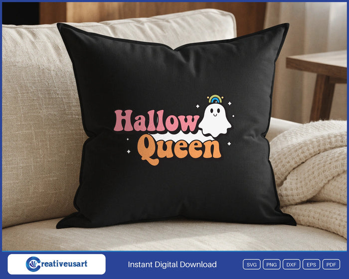 Hallow Queen ghost Halloween SVG design on a black throw pillow