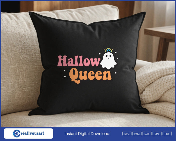 Hallow Queen ghost Halloween SVG design on a black throw pillow