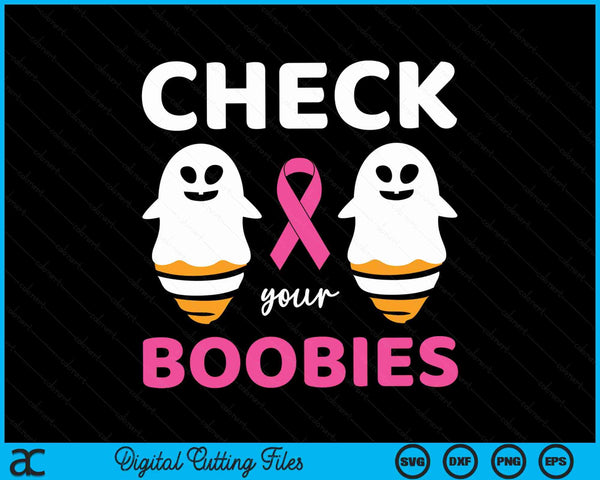 Check your boobies with two ghosts and a pink ribbon, breast cancer awareness Halloween SVG