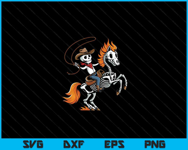 Skeleton cowboy riding a skeleton horse with a lasso, western Halloween SVG