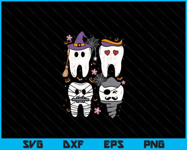 Four Halloween teeth characters with a witch hat and vampire cape, dental crew SVG