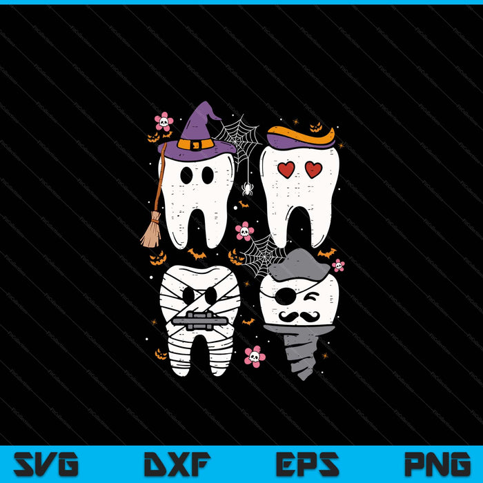 Four Halloween teeth characters with a witch hat and vampire cape, dental crew SVG