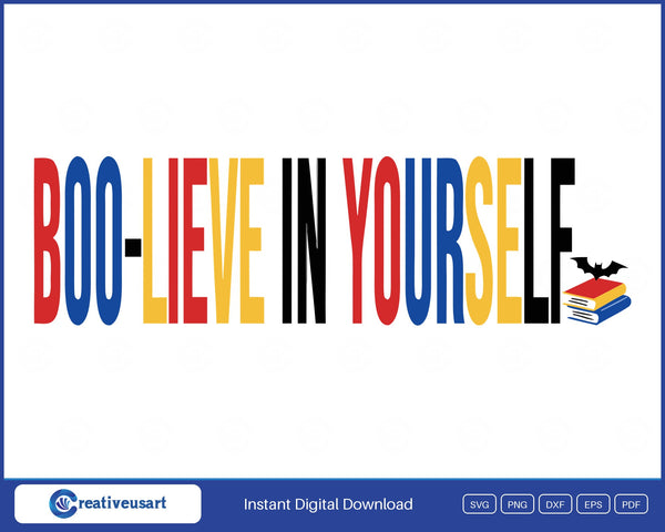 Halloween Counselor with Boo-lieve In Yourself and a small stack of books SVG design on a white background