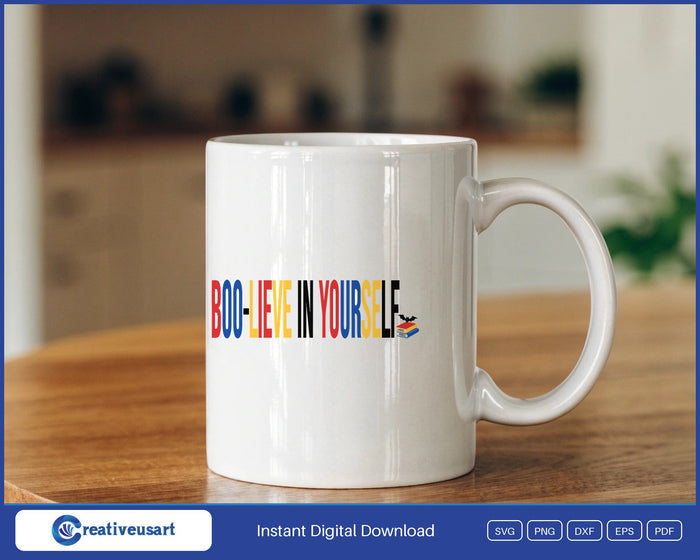 Halloween Counselor with Boo-lieve In Yourself and a small stack of books SVG design on a white coffee mug