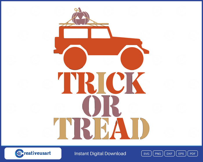 Halloween Jeep with an off-road vehicle and a pumpkin on the roof rack SVG design on a white background