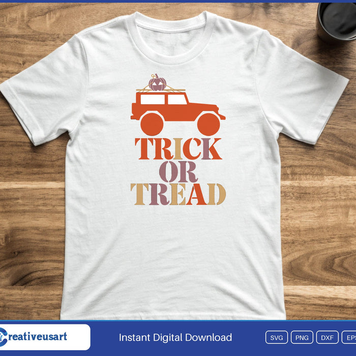Halloween Jeep with an off-road vehicle and a pumpkin on the roof rack SVG printed on a white t-shirt