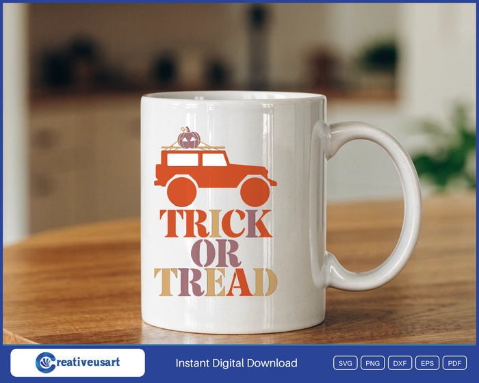 Halloween Jeep with an off-road vehicle and a pumpkin on the roof rack SVG design on a white coffee mug