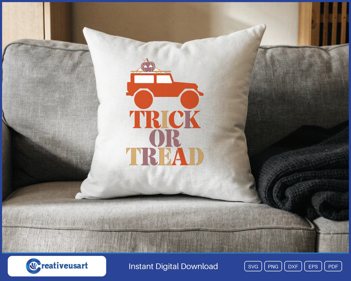 Halloween Jeep with an off-road vehicle and a pumpkin on the roof rack SVG design on a white throw pillow