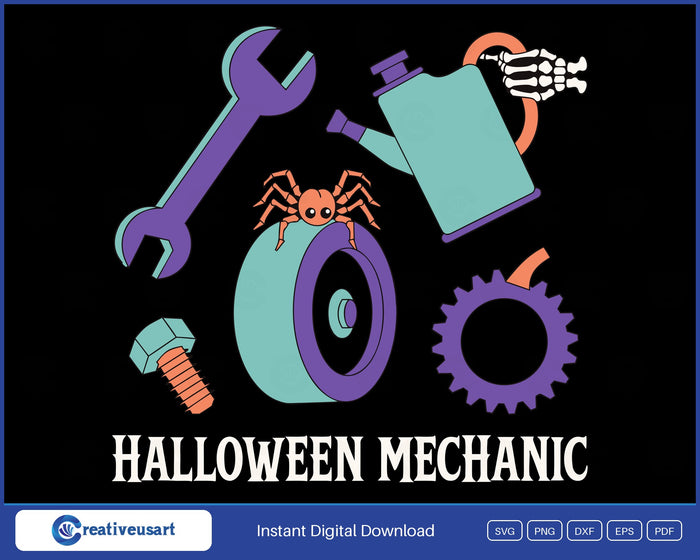 Halloween Mechanic with a wrench, skeleton hand, spider and pumpkin gear sticker sheet SVG design on a black background