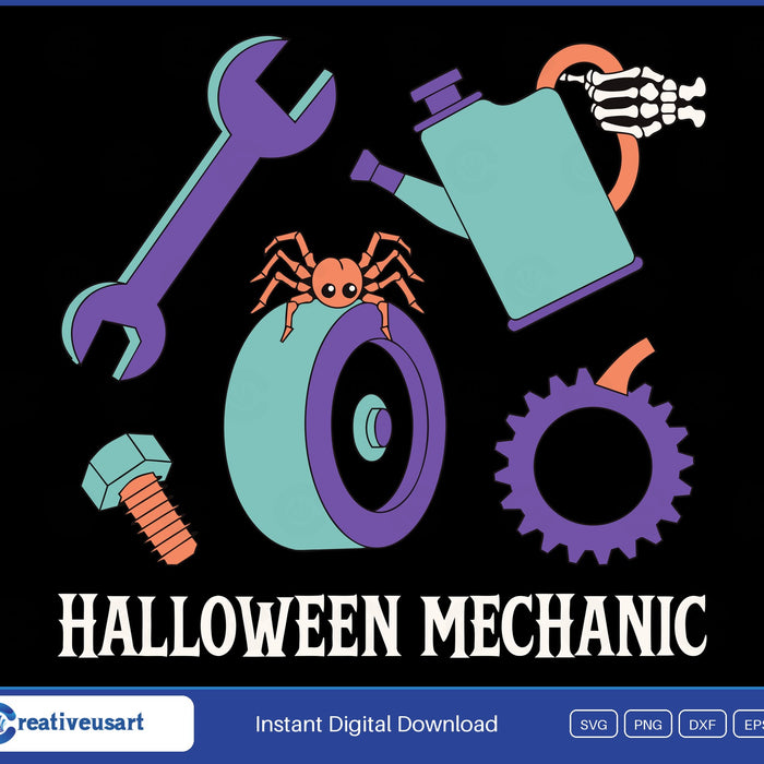 Halloween Mechanic Spooky Garage Tools SVG - Halloween Mechanic , a wrench, a skeleton hand on an oil can