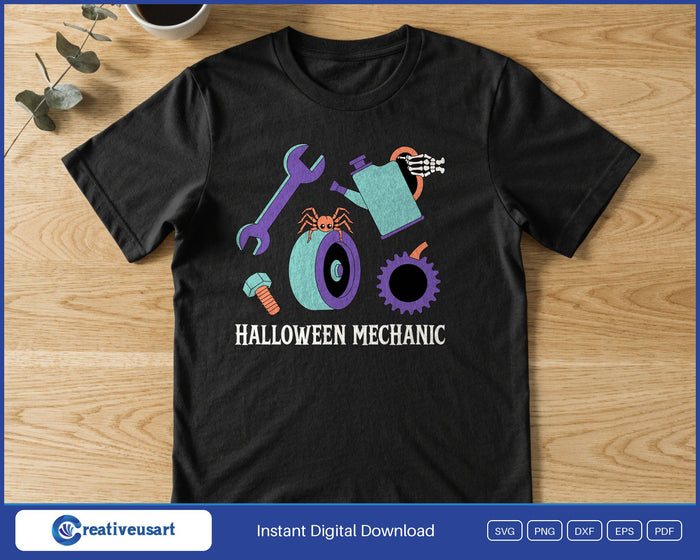 Halloween Mechanic with a wrench, skeleton hand, spider and pumpkin gear sticker sheet SVG printed on a black t-shirt