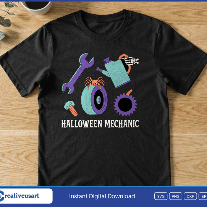 Halloween Mechanic with a wrench, skeleton hand, spider and pumpkin gear sticker sheet SVG printed on a black t-shirt