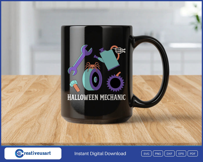 Halloween Mechanic with a wrench, skeleton hand, spider and pumpkin gear sticker sheet SVG design on a black coffee mug