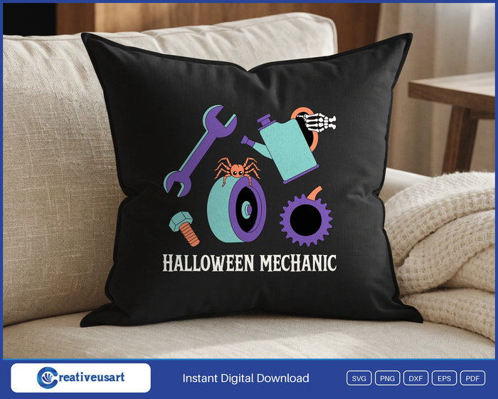 Halloween Mechanic with a wrench, skeleton hand, spider and pumpkin gear sticker sheet SVG design on a black throw pillow