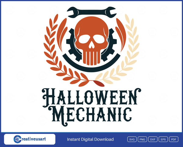 Halloween Mechanic with a skull, wrench and gear in a laurel wreath SVG design on a white background