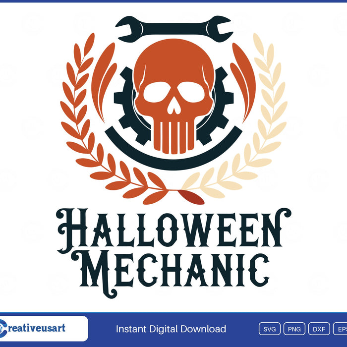 Halloween Mechanic with a skull, wrench and gear in a laurel wreath SVG design on a white background