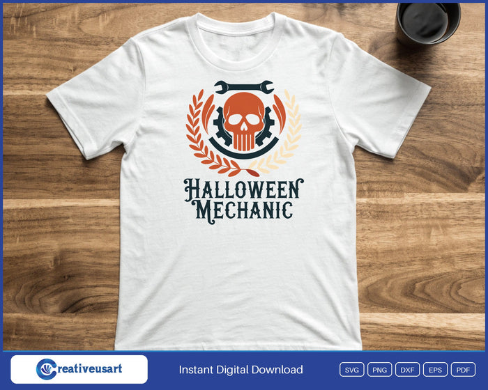 Halloween Mechanic with a skull, wrench and gear in a laurel wreath SVG printed on a white t-shirt