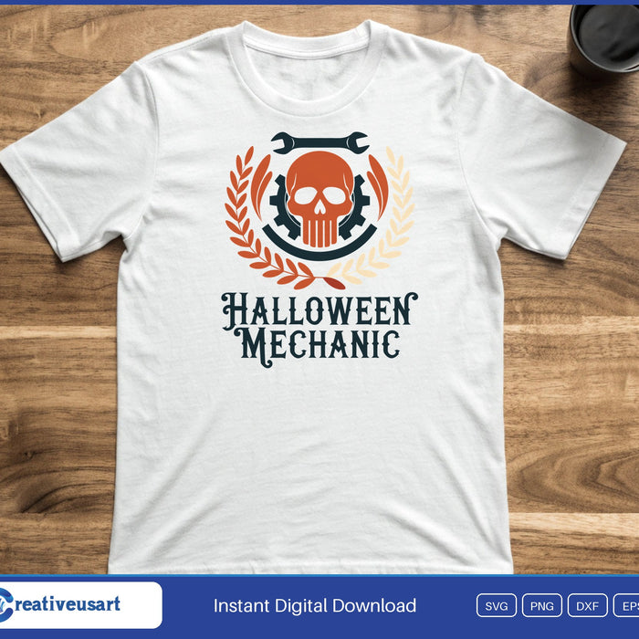 An orange skull with wrenches and a gear in a laurel crest, above the words Halloween Mechanic, on a white t-shirt