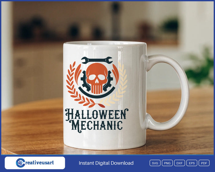 Halloween Mechanic with a skull, wrench and gear in a laurel wreath SVG design on a white coffee mug