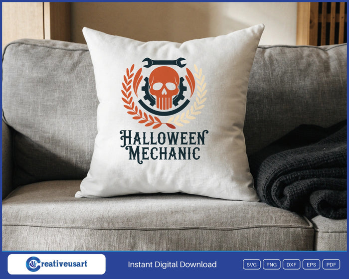 Halloween Mechanic with a skull, wrench and gear in a laurel wreath SVG design on a white throw pillow