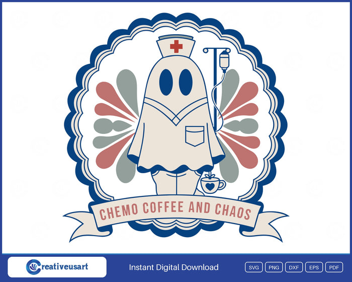 Halloween Oncology with a ghost nurse in a scalloped trading-card frame SVG printed on a white t-shirt