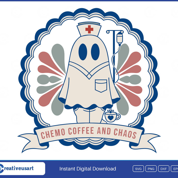 Halloween Oncology with a ghost nurse in a scalloped trading-card frame SVG printed on a white t-shirt