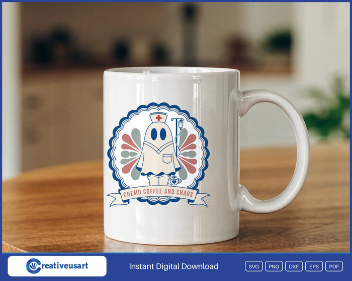 Halloween Oncology with a ghost nurse in a scalloped trading-card frame SVG design on a white coffee mug
