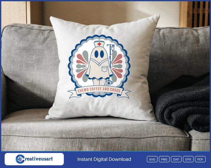 Halloween Oncology with a ghost nurse in a scalloped trading-card frame SVG design on a white throw pillow
