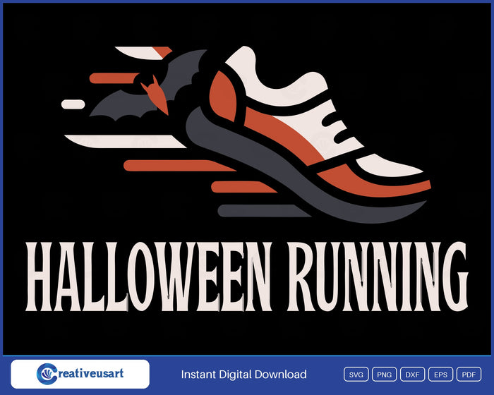 Halloween Running with a running shoe and a flying bat SVG design on a black background