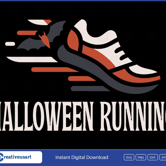 Halloween Running with a running shoe and a flying bat SVG design on a black background