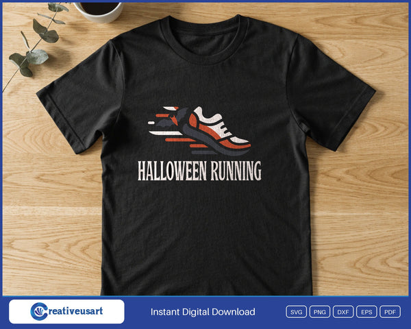 Halloween Running with a running shoe and a flying bat SVG printed on a black t-shirt