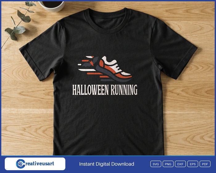 Halloween Running with a running shoe and a flying bat SVG printed on a black t-shirt