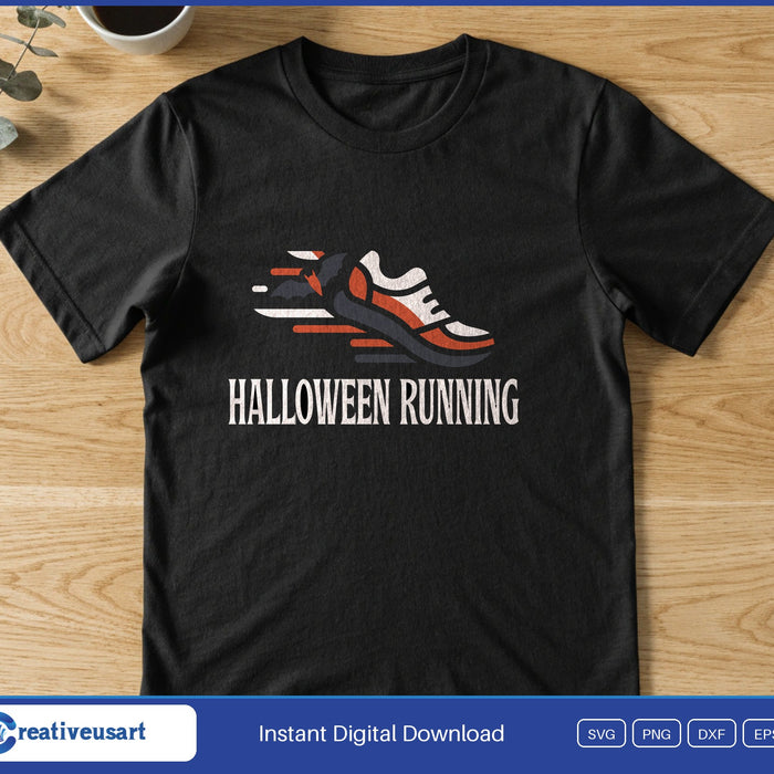 Halloween Running with a running shoe and a flying bat SVG printed on a black t-shirt
