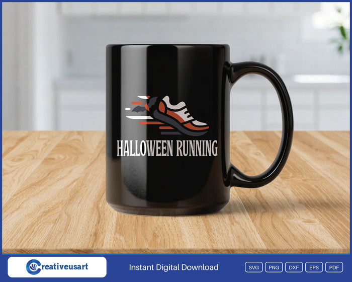 Halloween Running with a running shoe and a flying bat SVG design on a black coffee mug