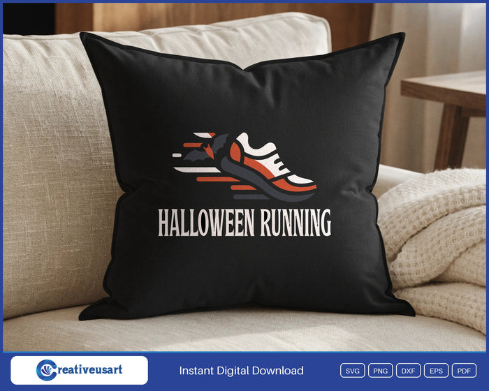 Halloween Running with a running shoe and a flying bat SVG design on a black throw pillow