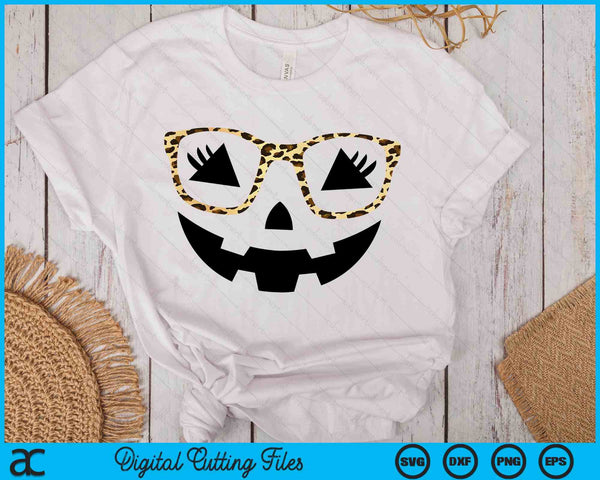 Halloween Calabaza Cara Pestañas Leopardo Gafas Halloween Svg Png Archivo de Corte Digital - on a t-shirt