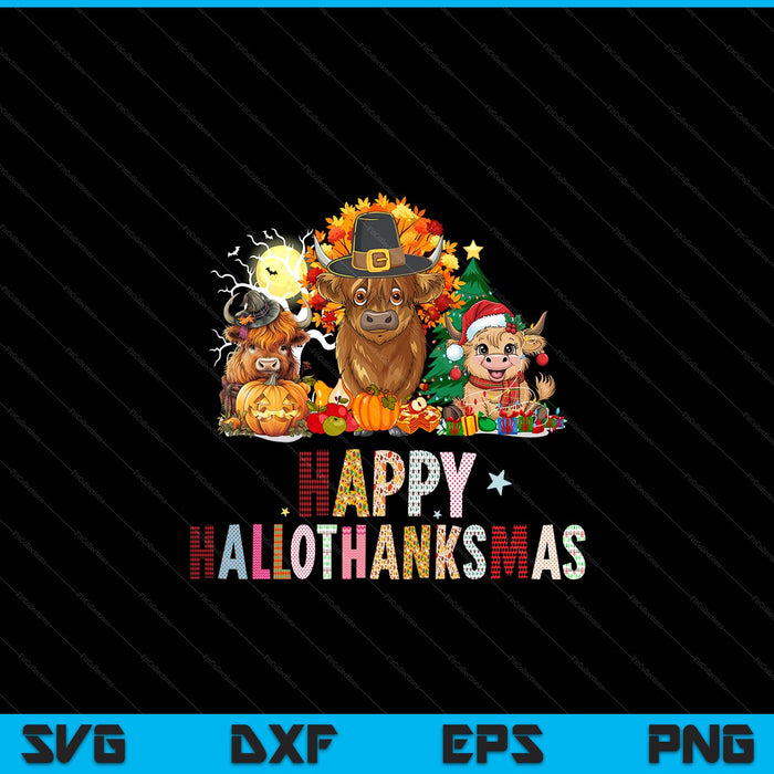 Happy Halloween Thanksgiving Christmas Highland Cow Holiday SVG PNG Digital Printable Files