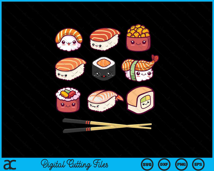 Happy Sushi Anime Kawaii Set Amante de la comida japonesa SVG PNG Archivos de corte digitales