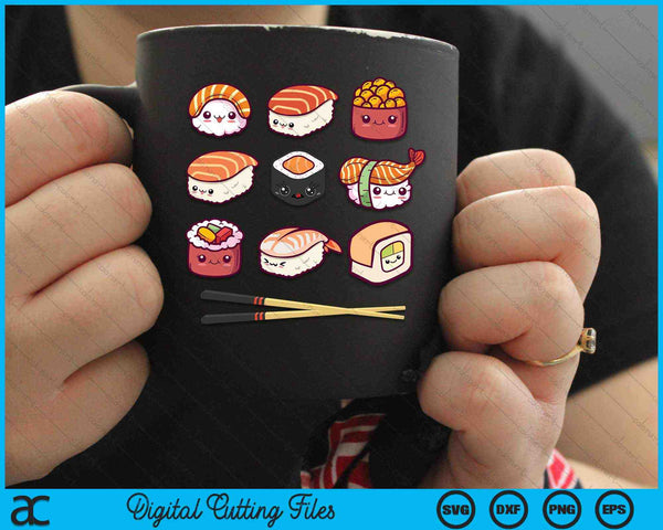Happy Sushi Anime Kawaii Set Amante de la comida japonesa SVG PNG Archivos de corte digitales