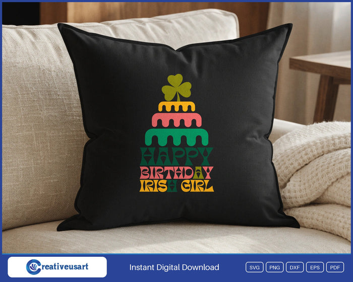 Happy Birthday Irish Girl with a shamrock on a tiered cake SVG design on a black throw pillow