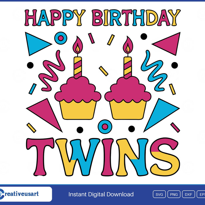 Happy Birthday Twins, two pink cupcakes with lit candles and party confetti SVG design on a white background