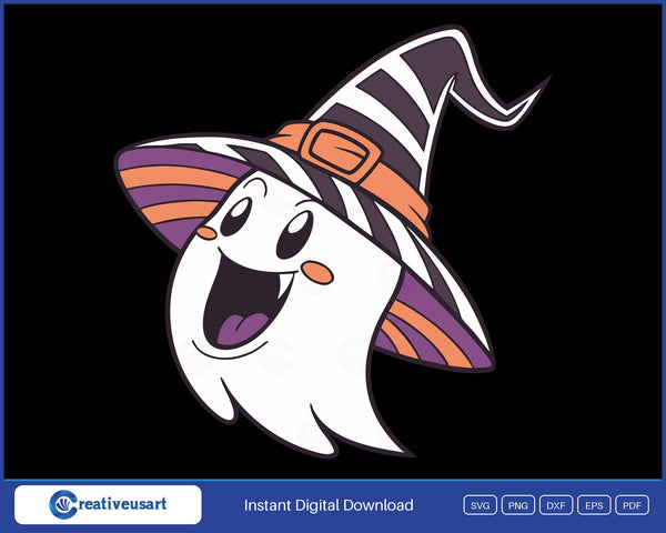 Happy ghost in a striped witch hat SVG design on black background