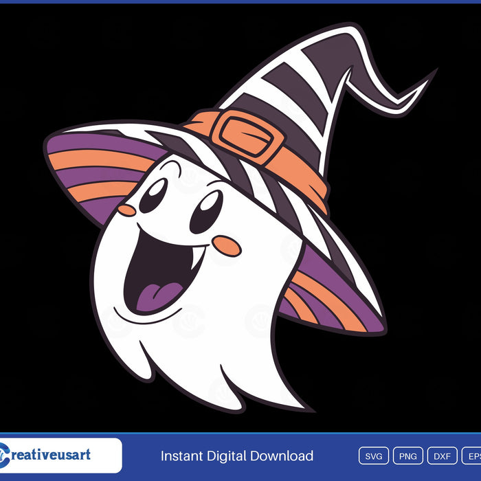 Happy ghost in a striped witch hat SVG design on black background