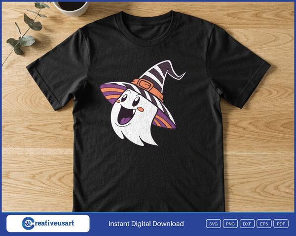 Happy Ghost in a Striped Witch Hat SVG PNG Digital Printable Files - on a t-shirt